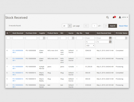 Magento 2 order mangement Manage Received Stock