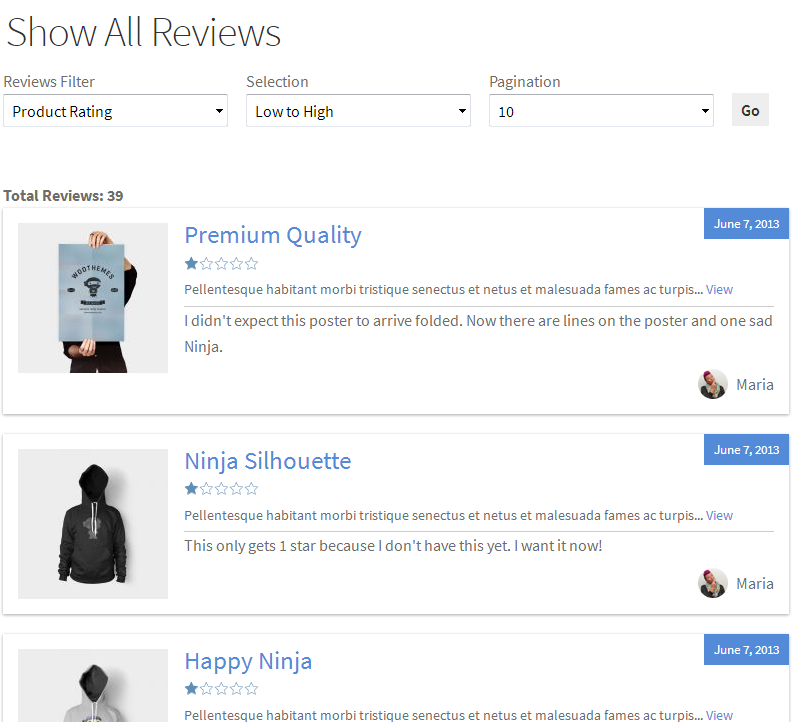 display product reviews in single page